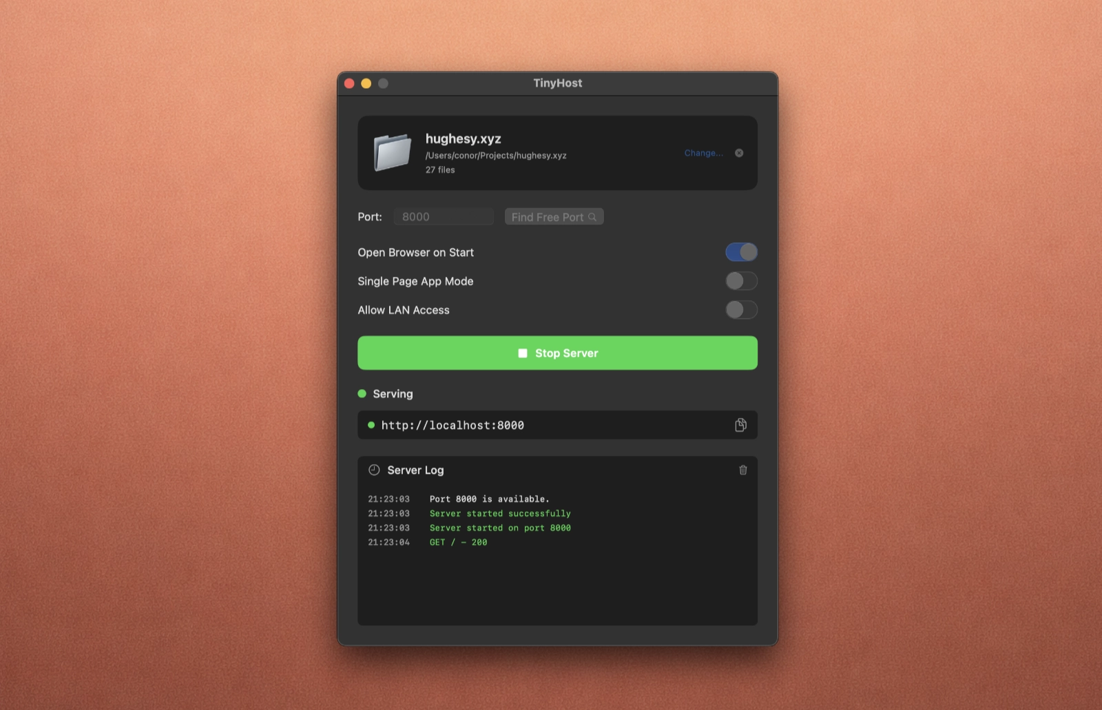 TinyHost app interface showing a simple, clean macOS window